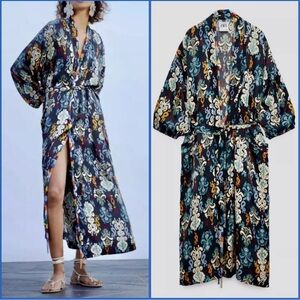 ZARA Navy blue Floral Kimono Robe Limuted Edition